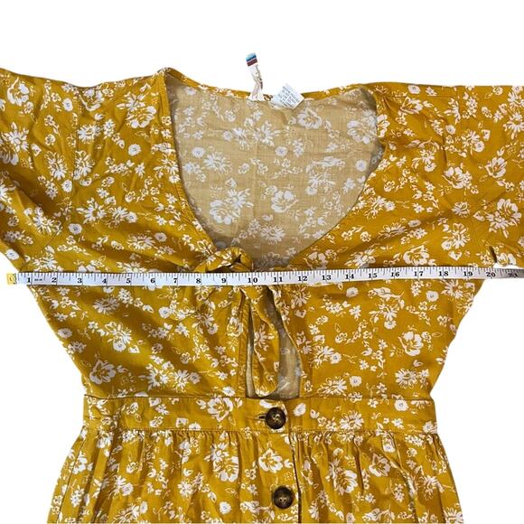 Mimi Chica Yellow Floral Tie Front Button Midi Dress Bell Sleeve Boho Sz Medium - Picture 4 of 8